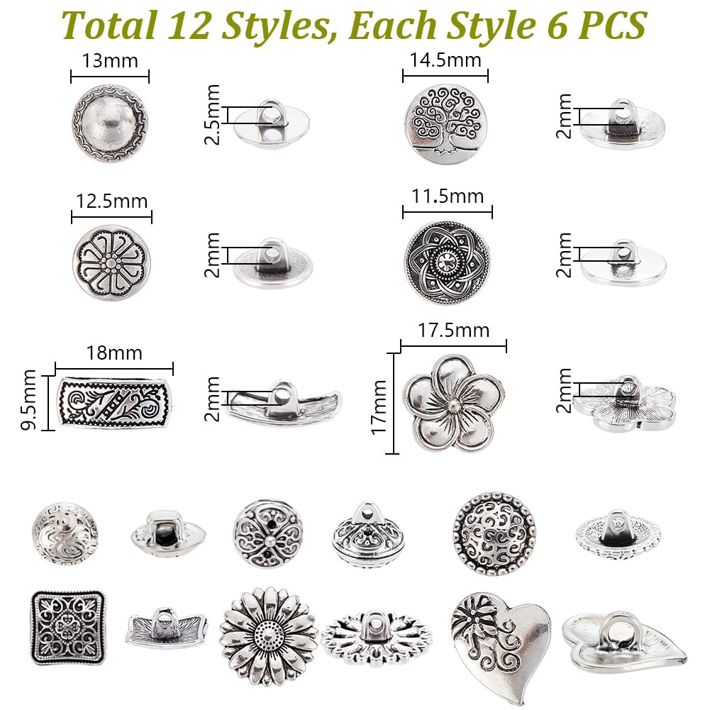 AHANDMAKER Metallknöpfe in Antik-Optik, flach, rund, Bogen, Blume, Herz, quadratisch, Vintage-Legierung, dekorative Nähknöpfe für Blazer, Uniform, Hemd, Mäntel, Jacke, Nähen, Basteln, 72 Stück