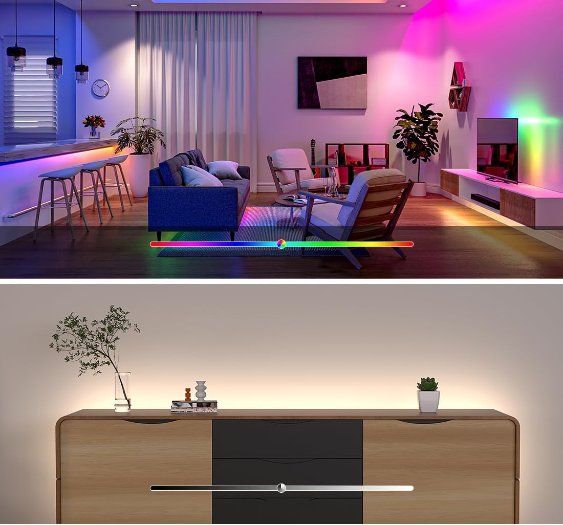 Room scenes demonstrating dimmable RGBW lighting effects