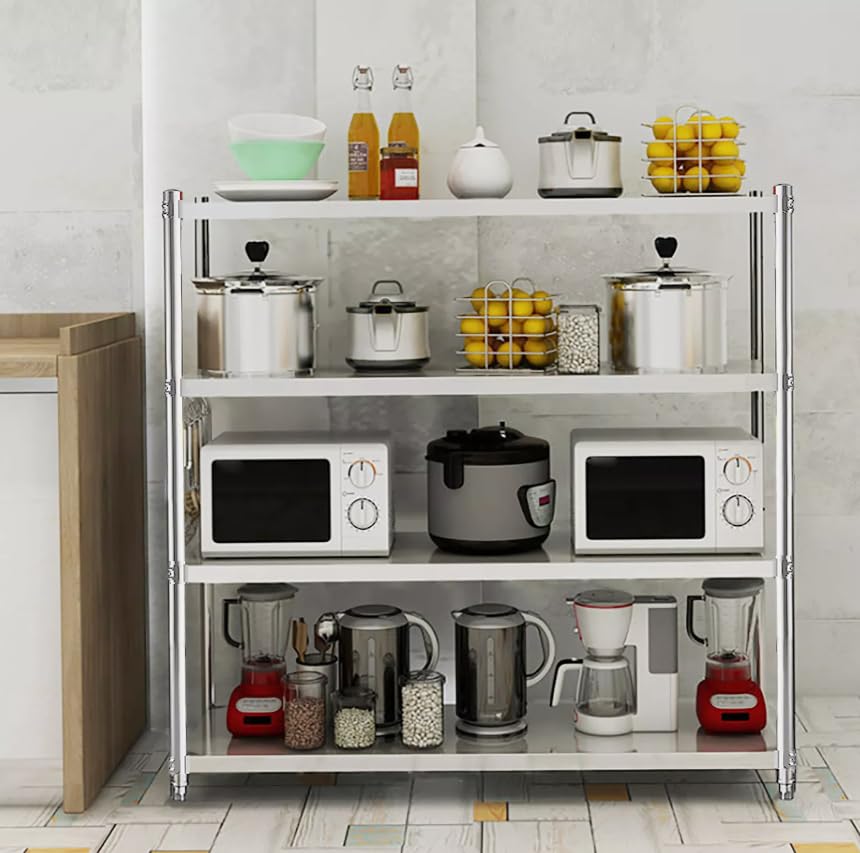 Estantería de acero inoxidable para cargas pesadas, estantería de cocina, 4 baldas, para la cafetería, al aire libre, lavandería, tienda, plateado, 120 x 40 x 150 cm