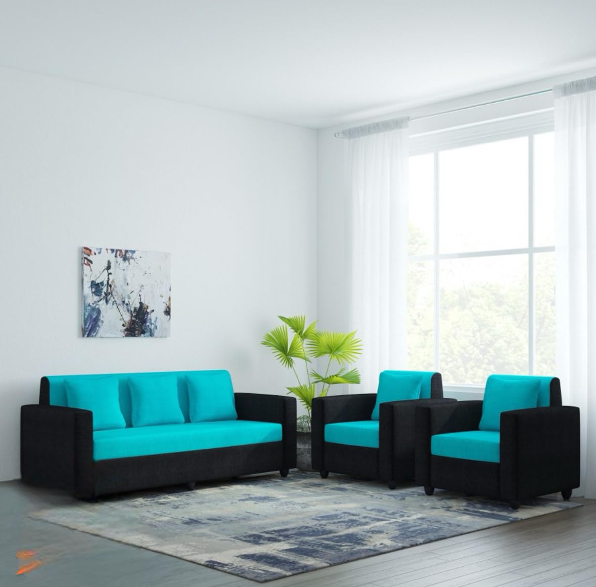 THE WOODEN CITY Fabric 3 + 1 + 1 Sofa Set | Wooden Sofa Set for Living Room, Couch Sofa for Living Room, Home & Office - Black & Blue (B0D9DV7W28) Amazon Price History, Amazon Price Tracker