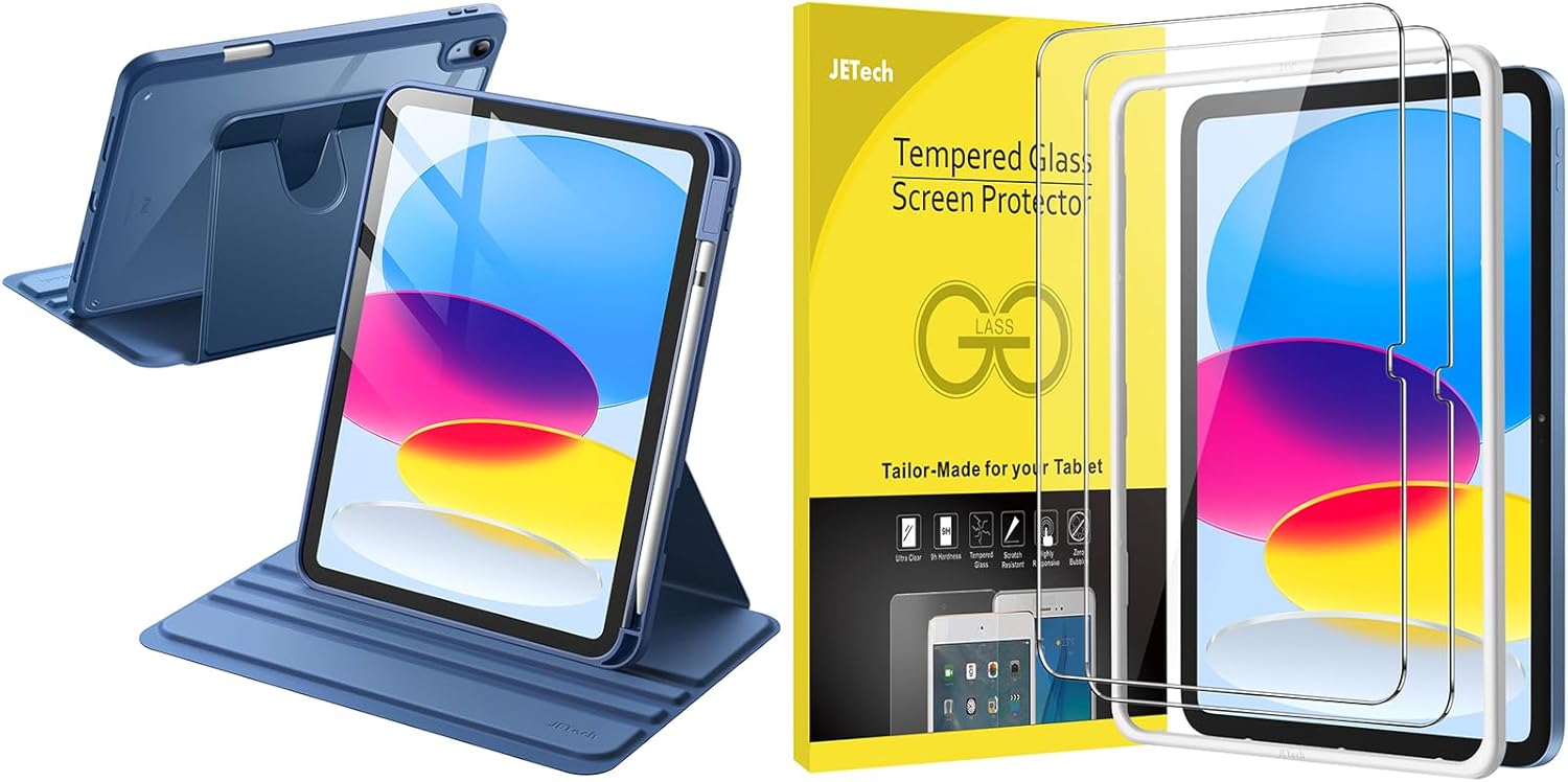 JETech for iPad (A16) 11th/10th Generation (2025/2022) Rotating Case with Pencil Holder and Tempered Glass Screen Protector Bundle
