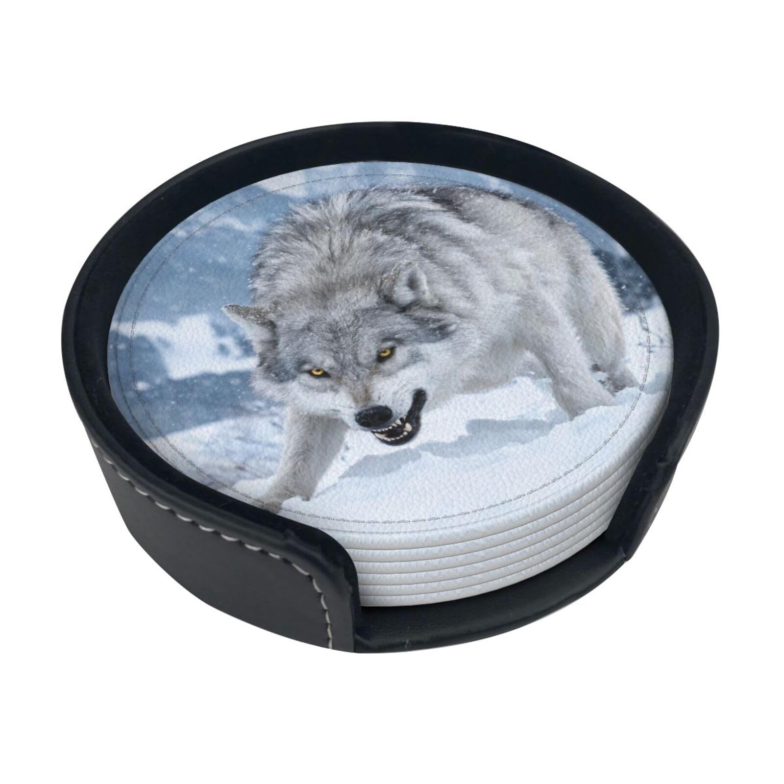 Wolf Pounce Leather Coasters-Set of 6 with Storage Holder