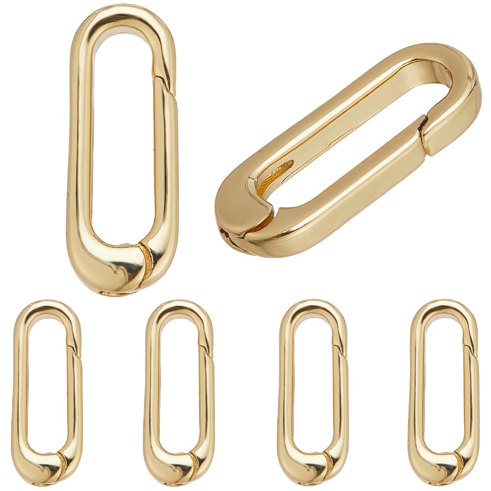 SUNNYCLUE 1 Box 6Pcs Real 18K Gold Plated O Ring Clips Trigger Spring O Ring Brass Spring Long Thin Oval Purse Clips Snap Hooks Clasps Keyring Buckle for jewellery Making Kits