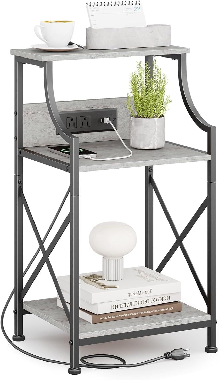 HOMEKOKO Side Table, Small End Table for Living Room, Bedroom, Retro Design 3-Tier Metal-Wood End Table, Industrial Nightstand for Living Room, Office (Standard with Power Outlet, Greige)