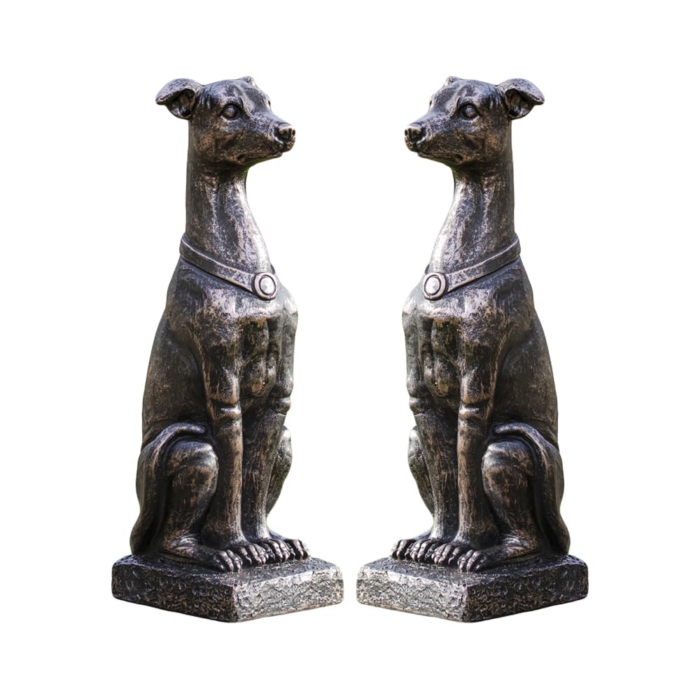 Darthome Set of 2 Bronze Gracious Greyhound Dog Statues, Resin Garden Ornaments with Square Plinth, Weather Resistant, 30cm Height, Indoor Outdoor Decor