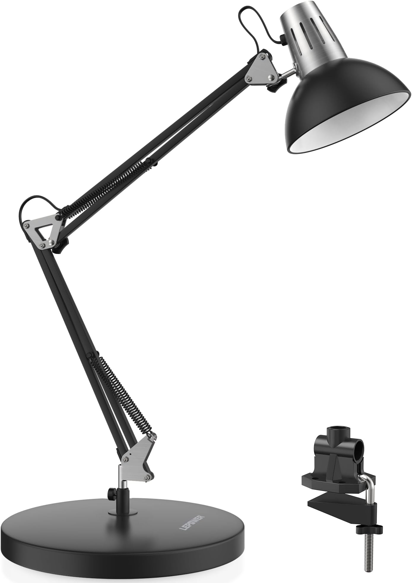 Metal Desk Lamp, Adjustable Goose Neck Architect Table Lamp with On/Off Switch, Swing Arm Desk Lamp with Clamp, Eye-Caring Reading Lamp for Bedroom, Study Room &Office (Black)