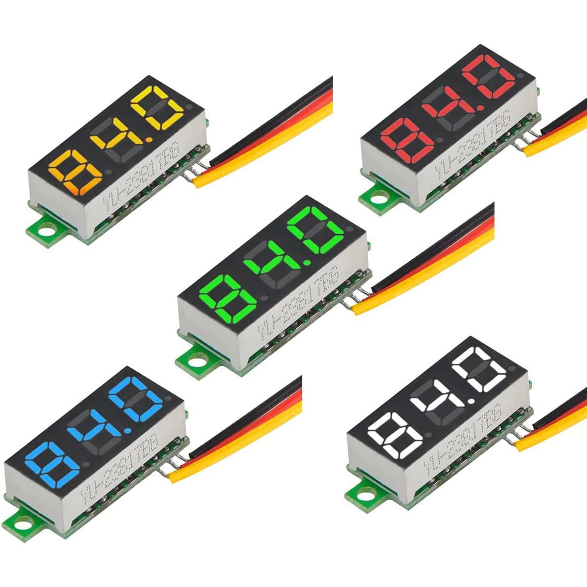 Greluma 5 piezas Mini voltímetro digital de DC de 0.28 ", medidor de voltaje del voltímetro mini de DC de tres hilos 0V-100V - 5 colores