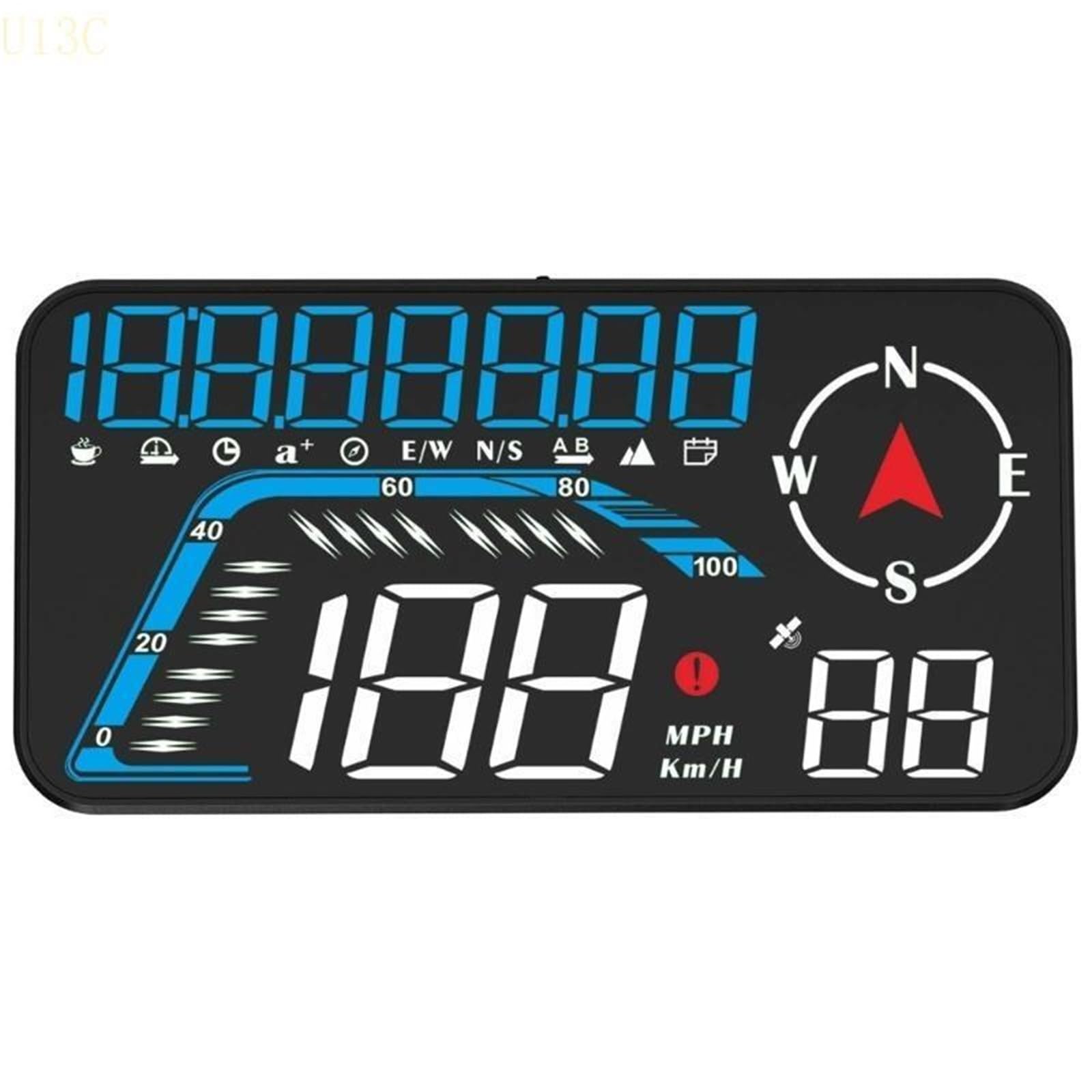 Head-Up Display Car Electronic Speed ClockGauge Driving Speedometer Alarm System(Blue and white)