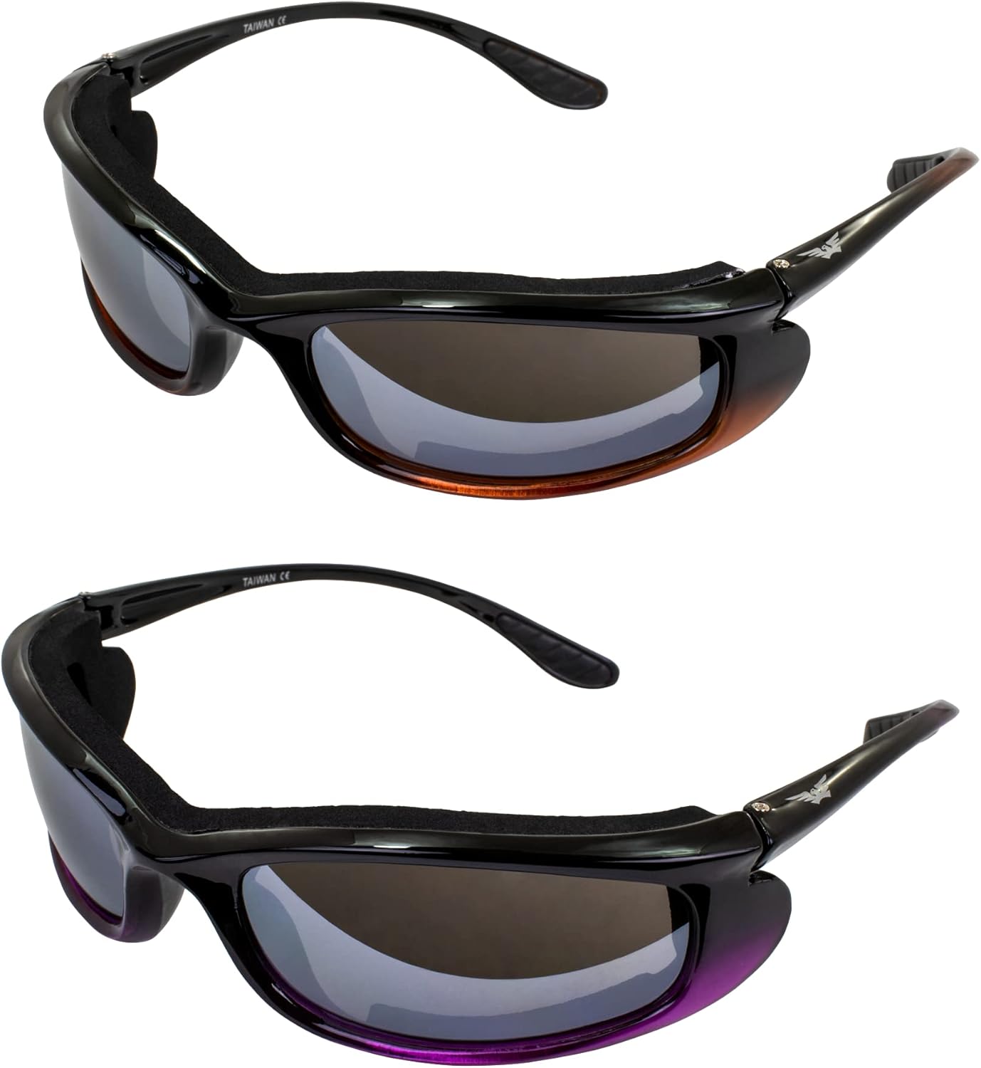 Global Vision Shadow Foam-Padded Motorcycle Sunglasses Riding Glasses for Men & Women 2 Pairs Two-Tone Black/Orange & Black/Pink Frames w/Flash Mirror Lenses Global Vision Shadow Foam-Padded Motorcycle Sunglasses Riding Glasses for Men & Women 2 Pairs Two-Tone Black/Orange & Black/Pink Frames w/Flash Mirror Lenses