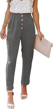 NIMIN Womens Casual Loose Pants Comfy Cropped Work Pants with Pockets Elastic High Waist Paper Bag Pants
