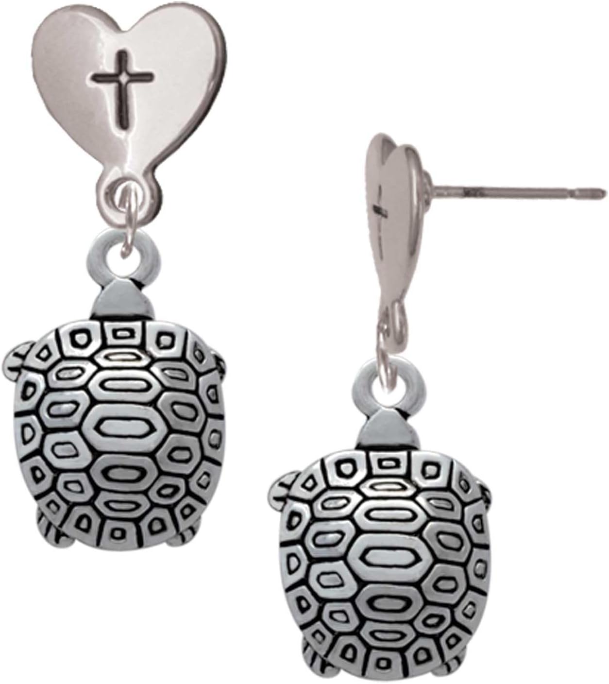 Delight Jewelry Silvertone Tortoise Cross in Heart Post Dangle Earrings