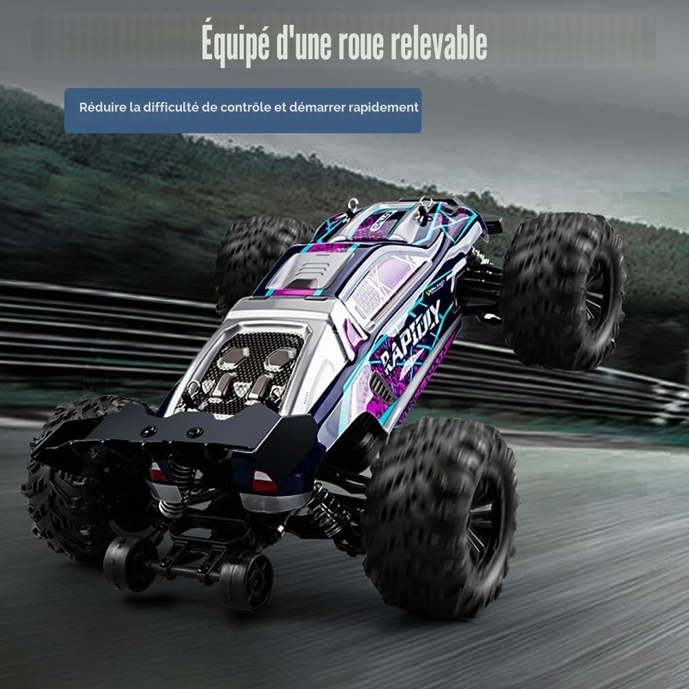 Voiture télécommandée 50 km/h, voiture de course tout-terrain 1/16 RC haute vitesse tout-terrain, moteur 2,4 G, balai de charbon 4 WD, pour adulte, 3 batteries (violet)