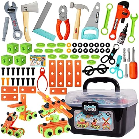 BUYGER 82pcs Kids Tool Set for Boys, Builder Role Play Set Construction Tool Kit Assembly Toys Building Blocks Toy for Kids Toddlers Cover
