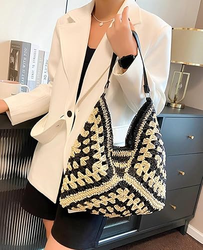 Miniatura 7 de Bolsos Hobo de paja para mujer, bolso de hombro vintage, bolsa de mano, bolsa de playa de diseñador, bolsa de playa, vacaciones, trabajo, todos los