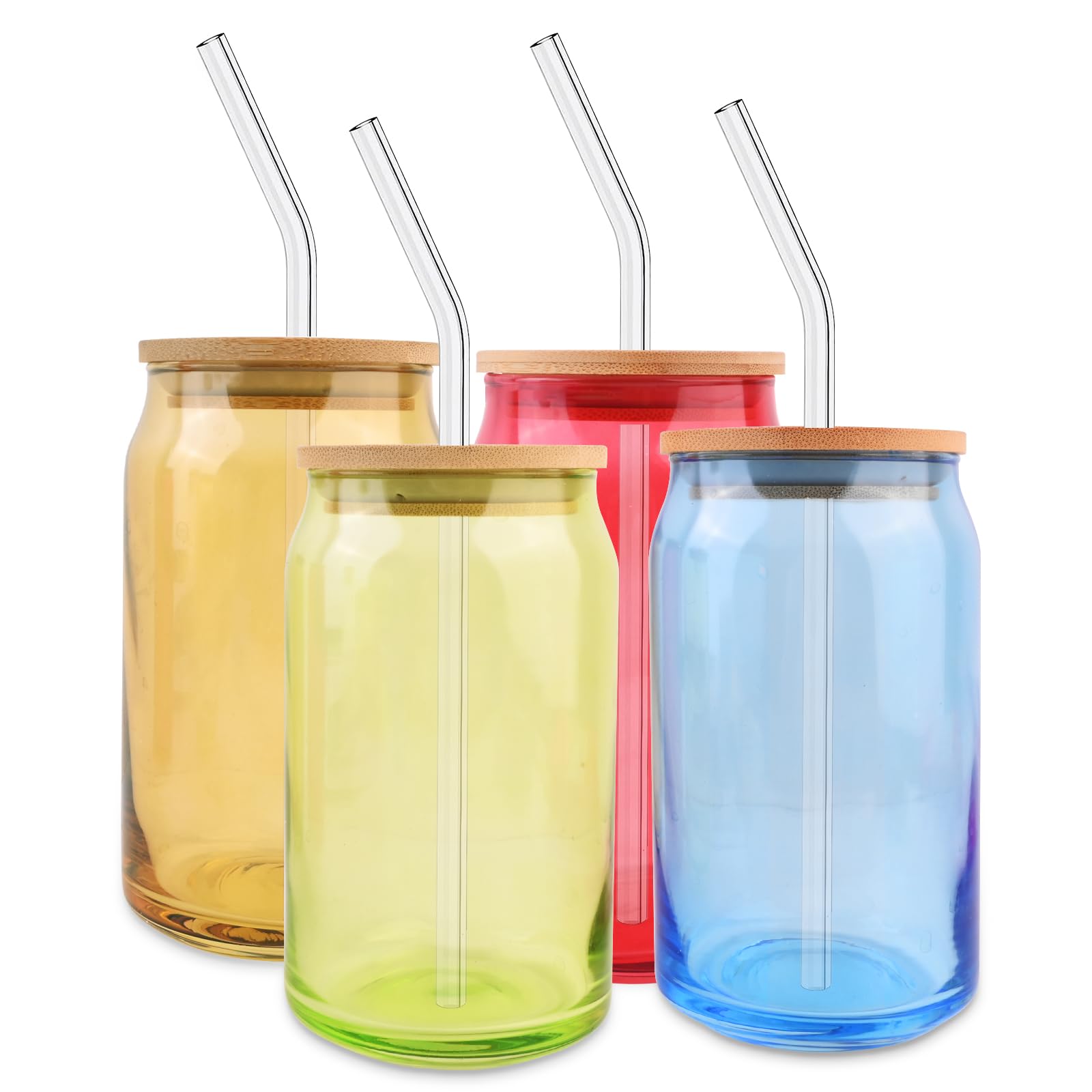 Lily's Home Glass Tumbler Set with Bamboo Lids and Straws, 4 Pack Multi-Color Glass Cups Drinking Glasses for Smoothies, Iced Tea, Beverages and Iced