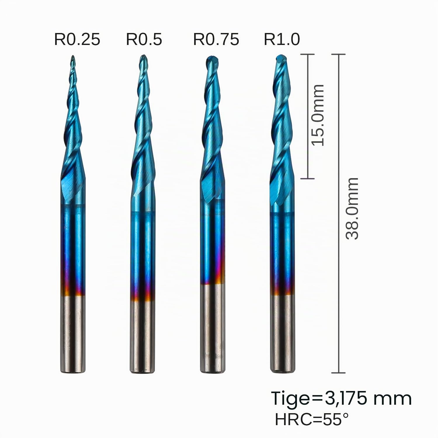 Genmitsu TB04A Lot de 4 fraises coniques à 2 cannelures en carbure de tungstène avec revêtement nano Bleu R0.25-1.0 avec tige de 3,17 mm