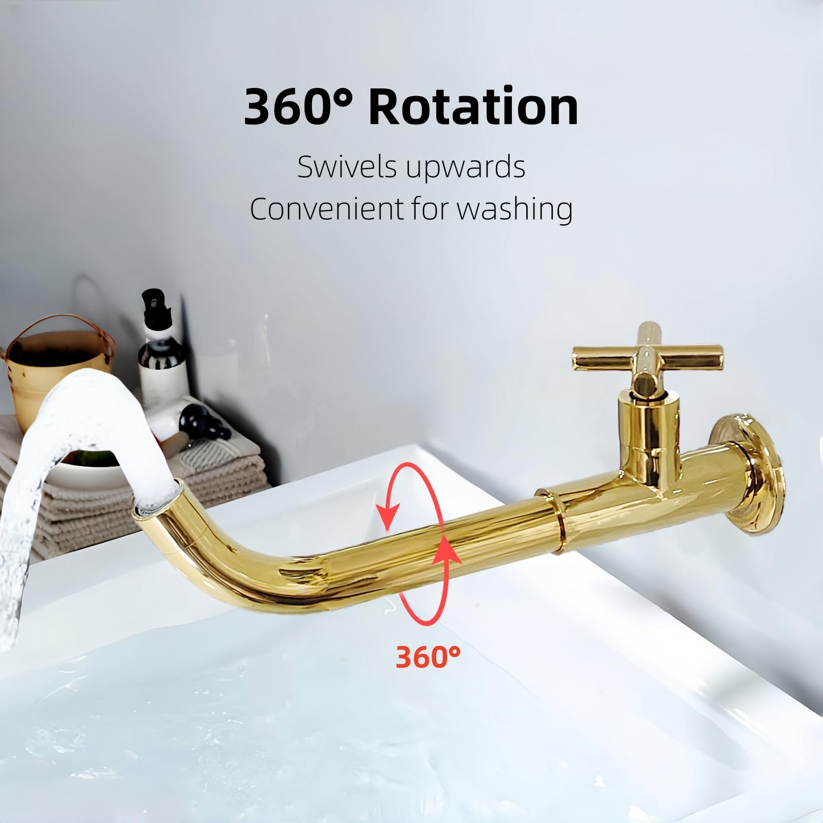 NIUKOMY Koudwaterkraan, wandmontage, messing goud, G1/2 waterkraan, lang, 360 graden draaibaar, keukenspoelbakarmatuur, koud water, wastafelarmatuur met kruisgreep, voor dweilen, wastafel, zwembad