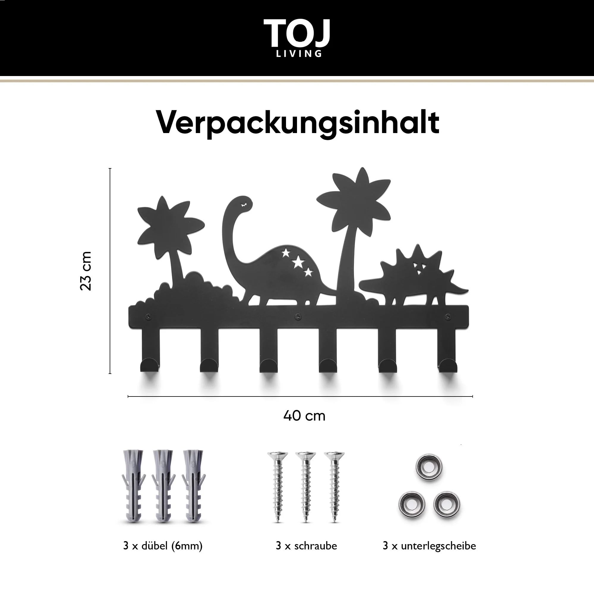 TOJ Living Kindergarderobe Pangea - 40CM - 6 Haken - Garderobe kinder - Wandgarderobe - Garderobenhaken - Kleiderhaken kinder - Kinder garderoben - Edelstahl - Dino/Dschungel - Schwarz