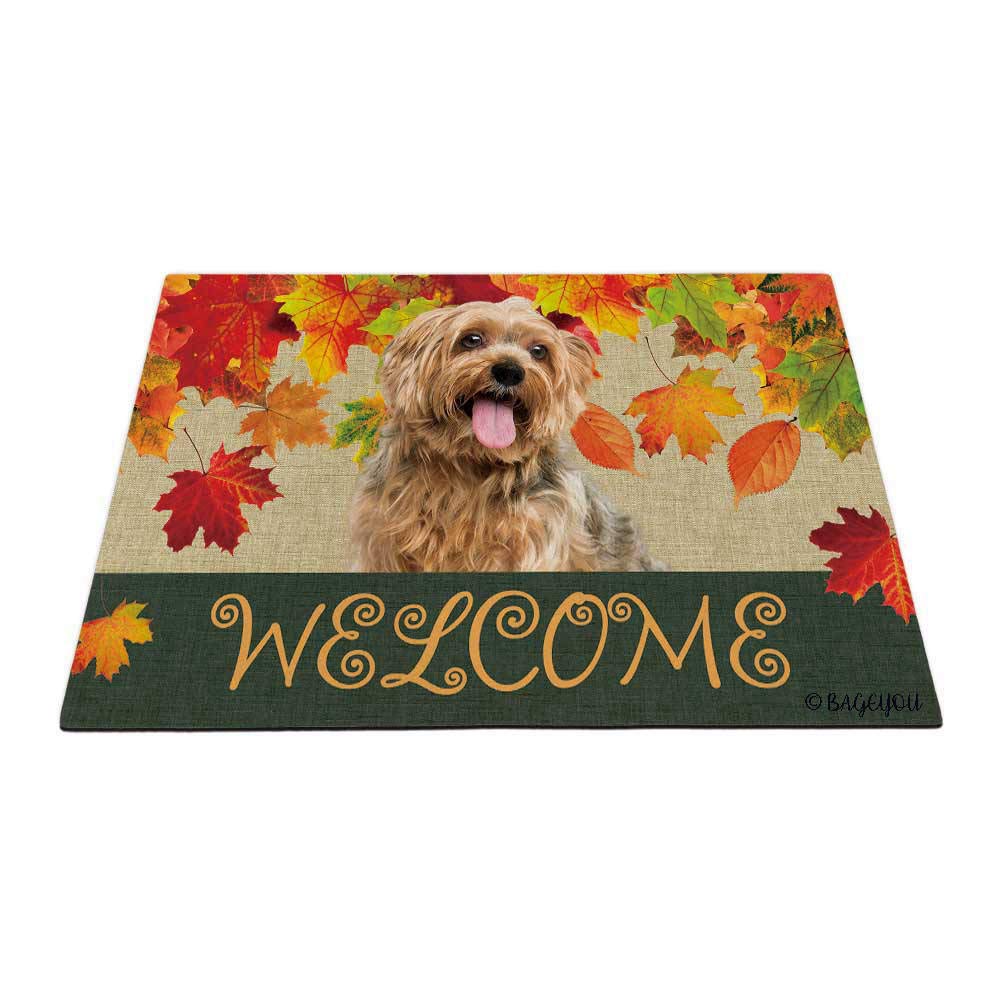 BAGEYOU Welcome Fall with My Favorite Dog Cute Yorkshire Terrier Yorkie Outdoor Doormat Maple Leaf Harvest Season Rustic Decor Porch Rugs Floor Mat 27.5" x 17.7" — image 1