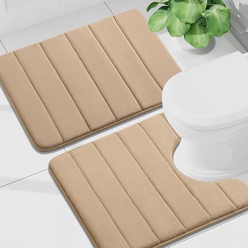 Miniatura 45 de Buganda Juego de 2 tapetes de baño de espuma viscoelástica y tapete para inodoro en forma de U, lavable a máquina, suave, antideslizante, Negro