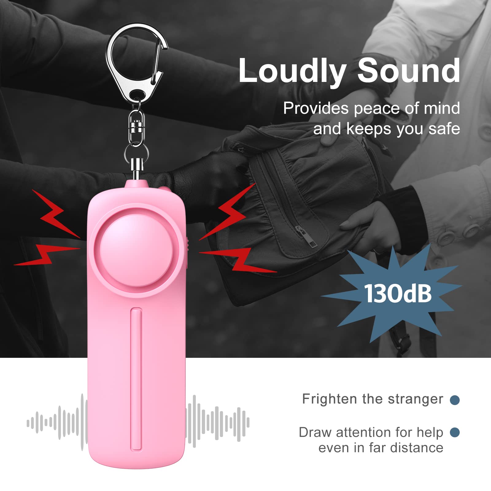 Lot de 4 alarmes personnelles avec alarme personnelle - Accessoires de porte-clés de sécurité pour femme, ensemble de porte-clés d'autodéfense avec alarme personnelle, rose