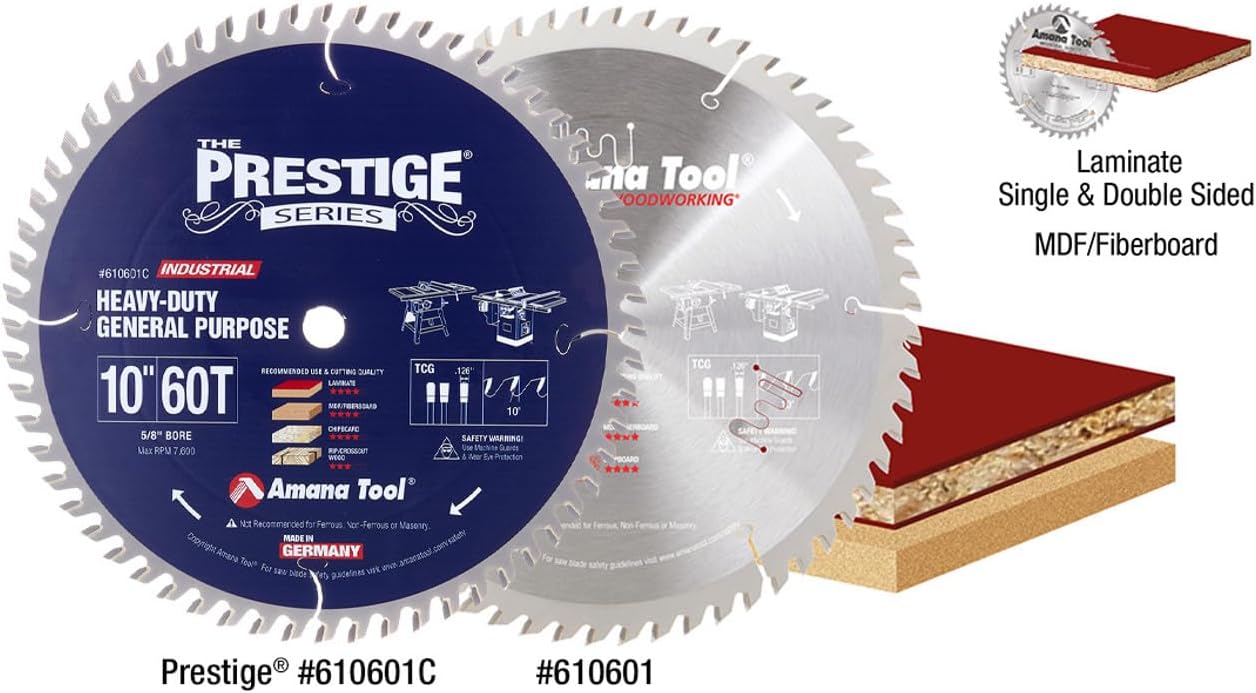 Amana Tool 610601C Carbide Tipped Prestige General Purpose 10 Inch D x 60T TCG, 10 Deg, 5/8 Bore Circular Saw Blade