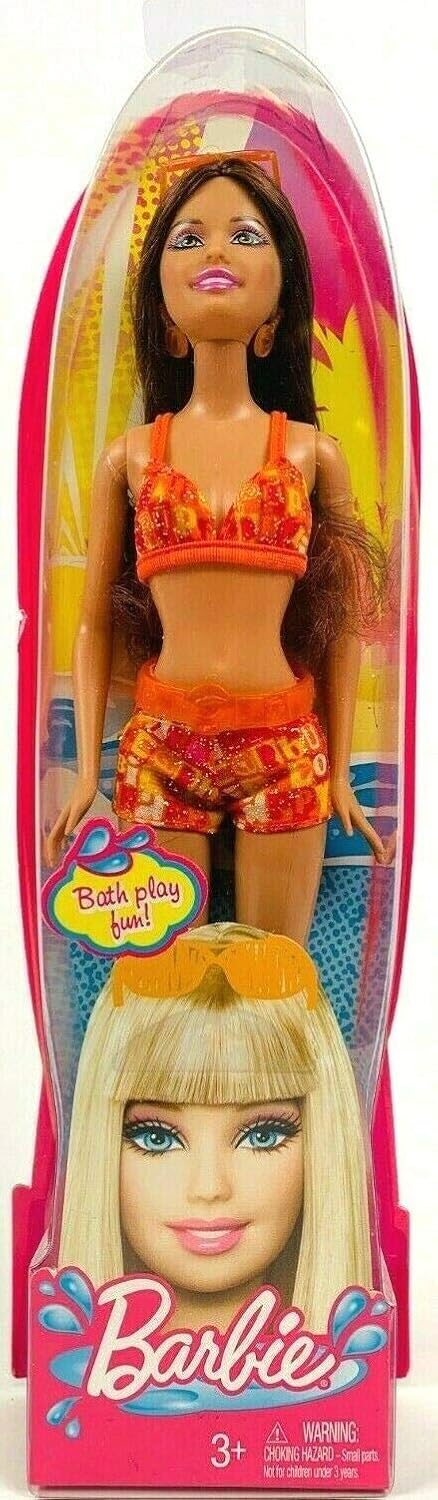 Barbie Bath Play Fun Brunette Doll in Orange Print Bikini