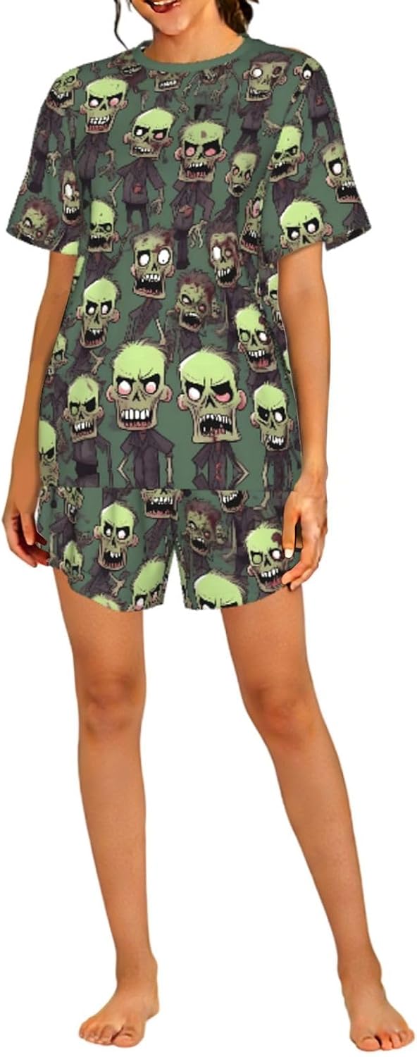 Many Zombies Print Cute Short Sleeve Pajama Set For Women Casual Loungewear With Pockets Four Seasons S-3xl