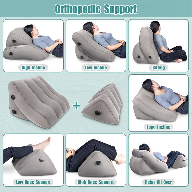 SAHEYER Inflatable Bed Wedge Pillow Set, 2 PCS Post Surgery Support Pillow for Back, Knees, Leg Pain Relief, Adjustable Sitting Pillows for Anti Snoring, Heartburn, GERD Sleeping (Grey)