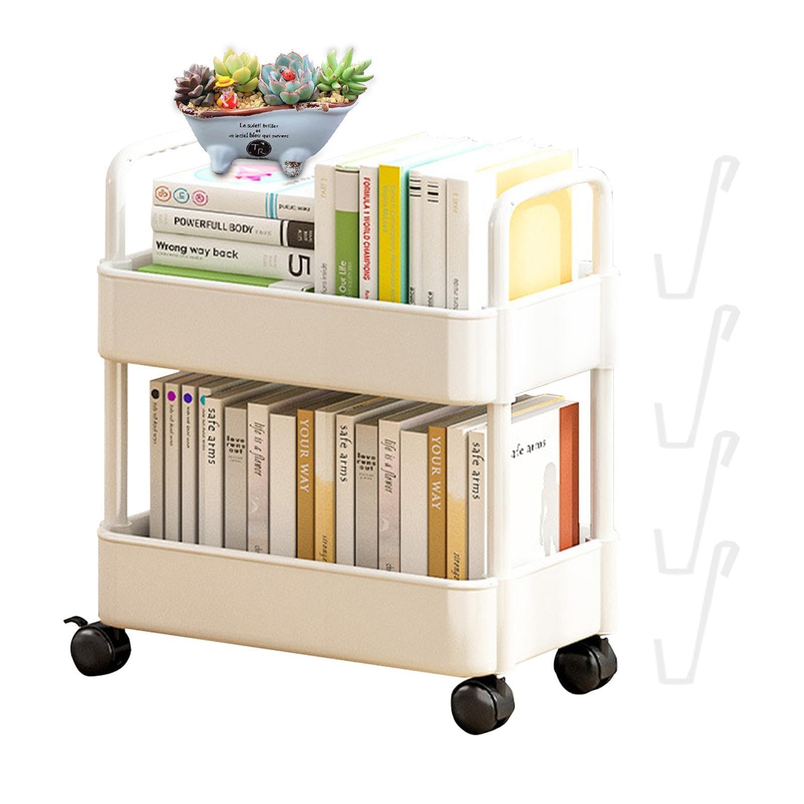 Bibliothèque mobile avec roulettes - Chariot de rangement à 2 niveaux - Étagère de rangement pour jouets - Chariot de cuisine pour organiser de nombreux livres et magazines - 37 x 25 x 43,5 cm