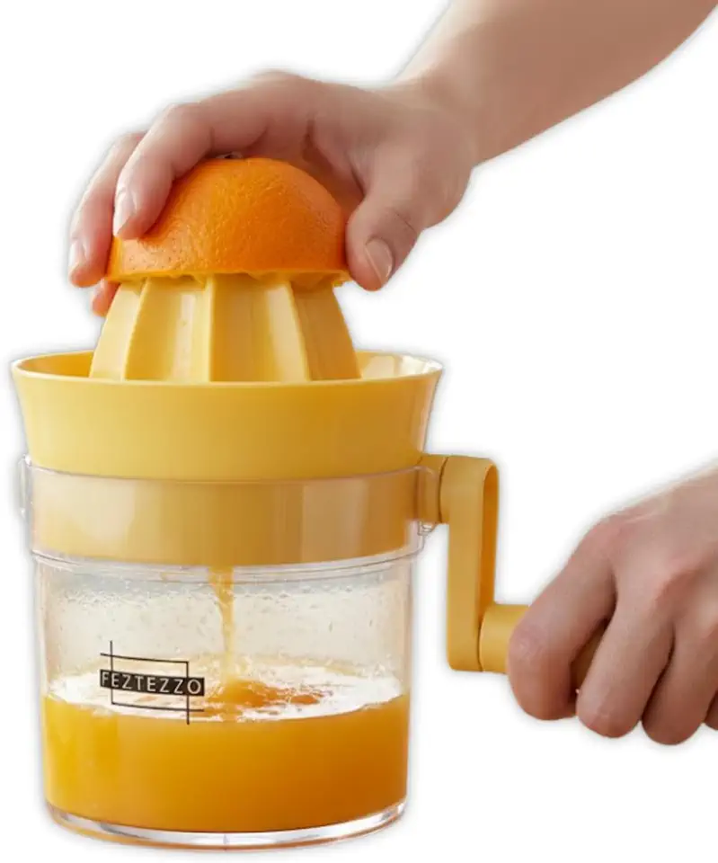 Espremedor de Laranja e Extrator de Suco de Frutas Manual com Manivela e Reservatório 600ml, Material ABS Resistente, Base Antiderrapante, Fácil de Limpar e Usar, Amarelo/Transparente.