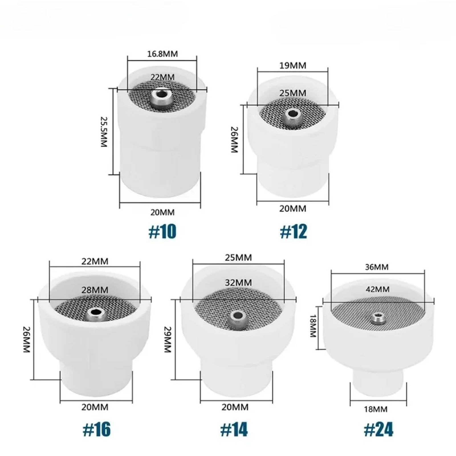 Compatible con WP17 WP20 WP26 soplete de soldadura TIG 9 Uds. Boquilla cerámica blanca copa alúmina pinzas rechonchas Kit lentes Gas corporal(1.0mm,9PCS 16No.)