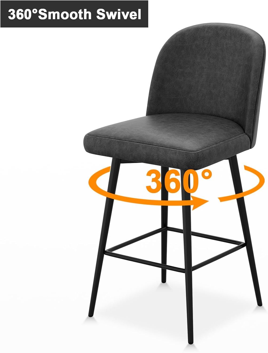 Swivel Bar Stools Set of 2, Upgraded Counter Height Bar Stools with Back, 360° Swivel, Ergonomic Backrest Footrest, Solid Metal Legs, 26 Inch Counter Stools for Kitchen Island Faux Leather Black