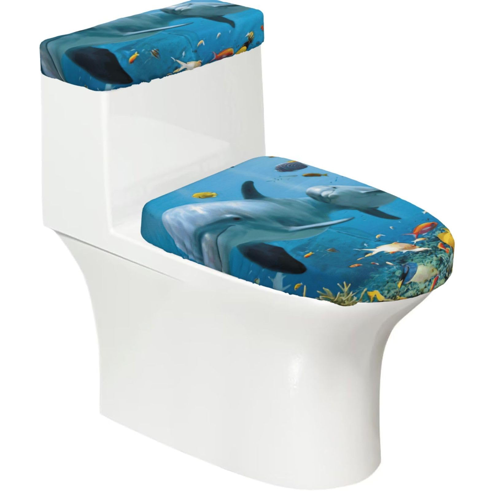 Ocean Dolphin Looking At You Print Bathroom Decor Toilet Lid Cover And Tank Covers, Restroom Accessories Fits Most Round