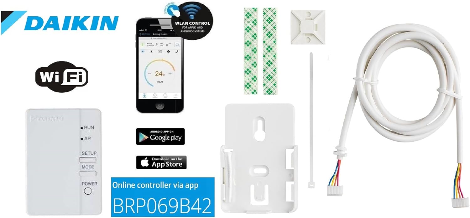 Controlador Wi-Fi de Daikin i un telèfon intel·ligent que mostra l'aplicació Daikin, amb logotips de les botigues d'aplicacions d'Android i Apple, destacant el control WLAN.