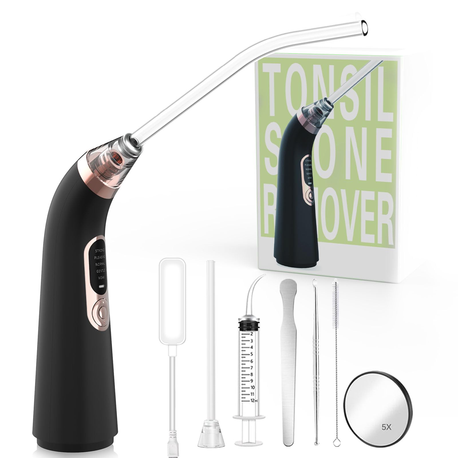 Voraiya Electronic Tonsil Stone Remover Vacuum, 10 in 1 Tonsil Removal Kit, 5 Modes Cleaner, Instant Suction Tool, Easy to Use, Fight Bad Breath, Mouth Cleaning Oral Care (Black)