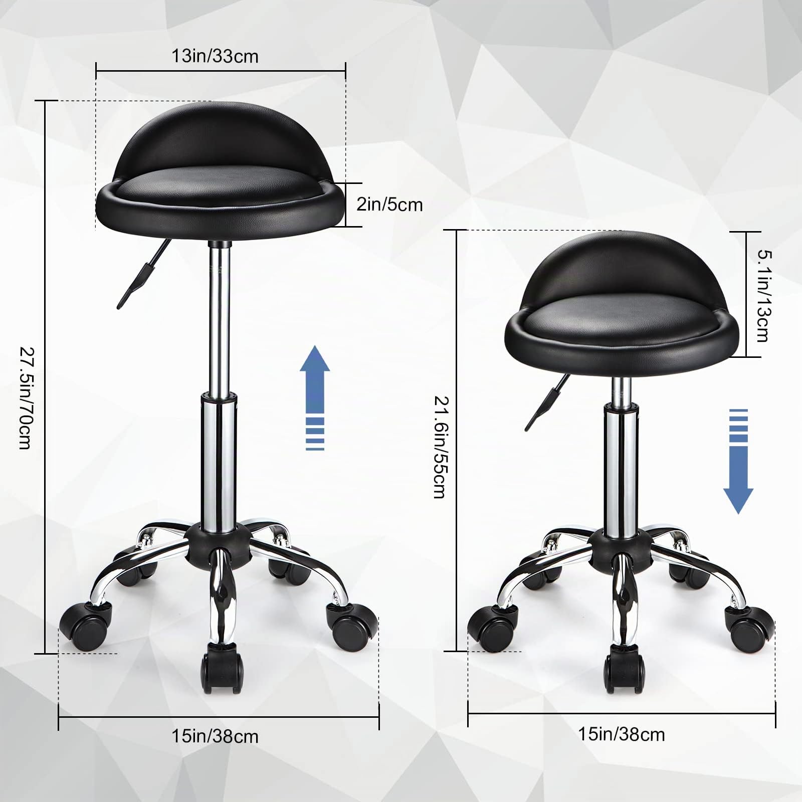 Rotondo Sgabelli PU Pelle Sedile Altezza Regolabile Sgabello con schienale basso Girevole Con Ruote Nero