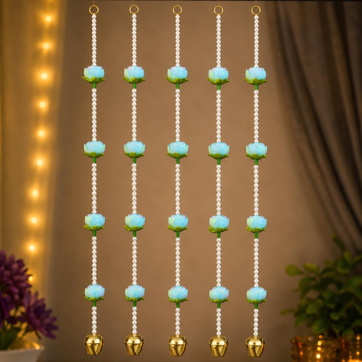 Decorative Door Hanging Toran for Home Entrance | Pearl Beads & Blue Floral Hanging with Golden Bells | Festive Wall Decor for Diwali, Pooja, Wedding & Housewarming | 5pc Blue Peony Hanging-image-12