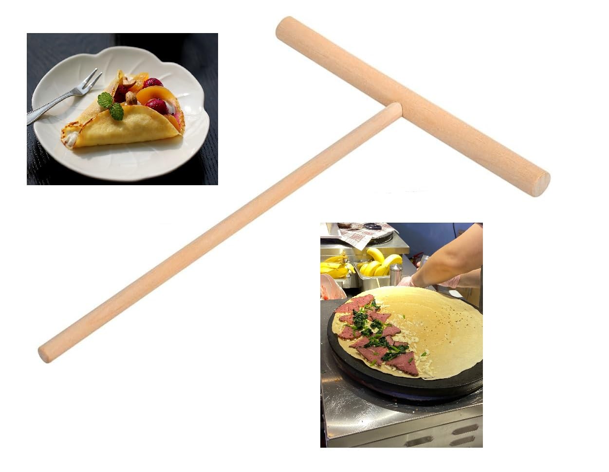 Esparcidor de crepé, paquete de 2 herramientas de madera natural en forma de T, 6.1 x 4.7 pulgadas para crepes y panqueques 5