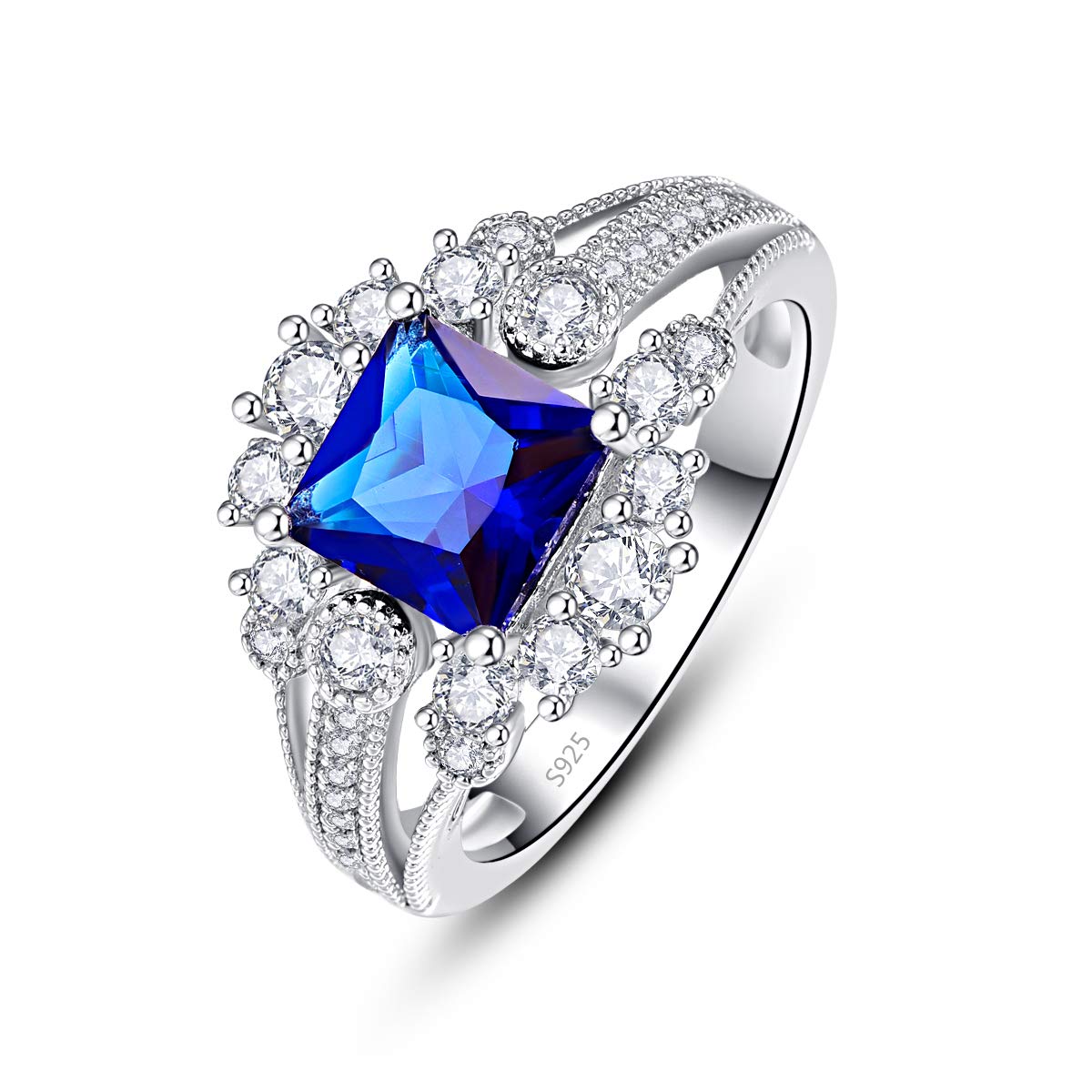 Psiroy Princess Cut Simulated Sapphire CZ Halo Engagement Silver Ring for Women 925 Size 6