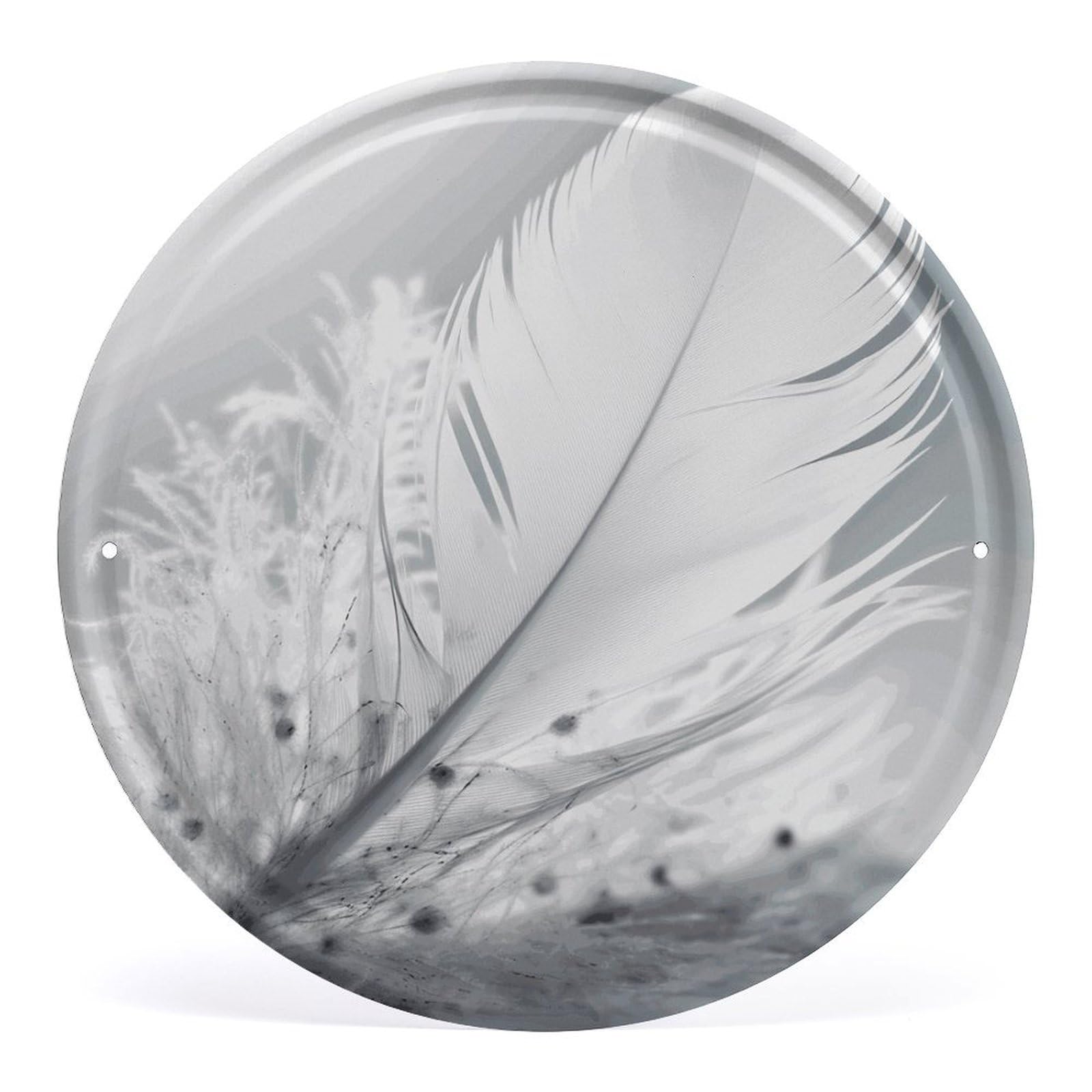 Fodpand Style Fluttering White Feathers Round Wall Art Hanging Decorations, Wall Decor Modern Minimalist Artwork, Tin Sign Hanging Picture For Living Room, Bedroom, Office, Hallway, 11.8X11.8 Inch