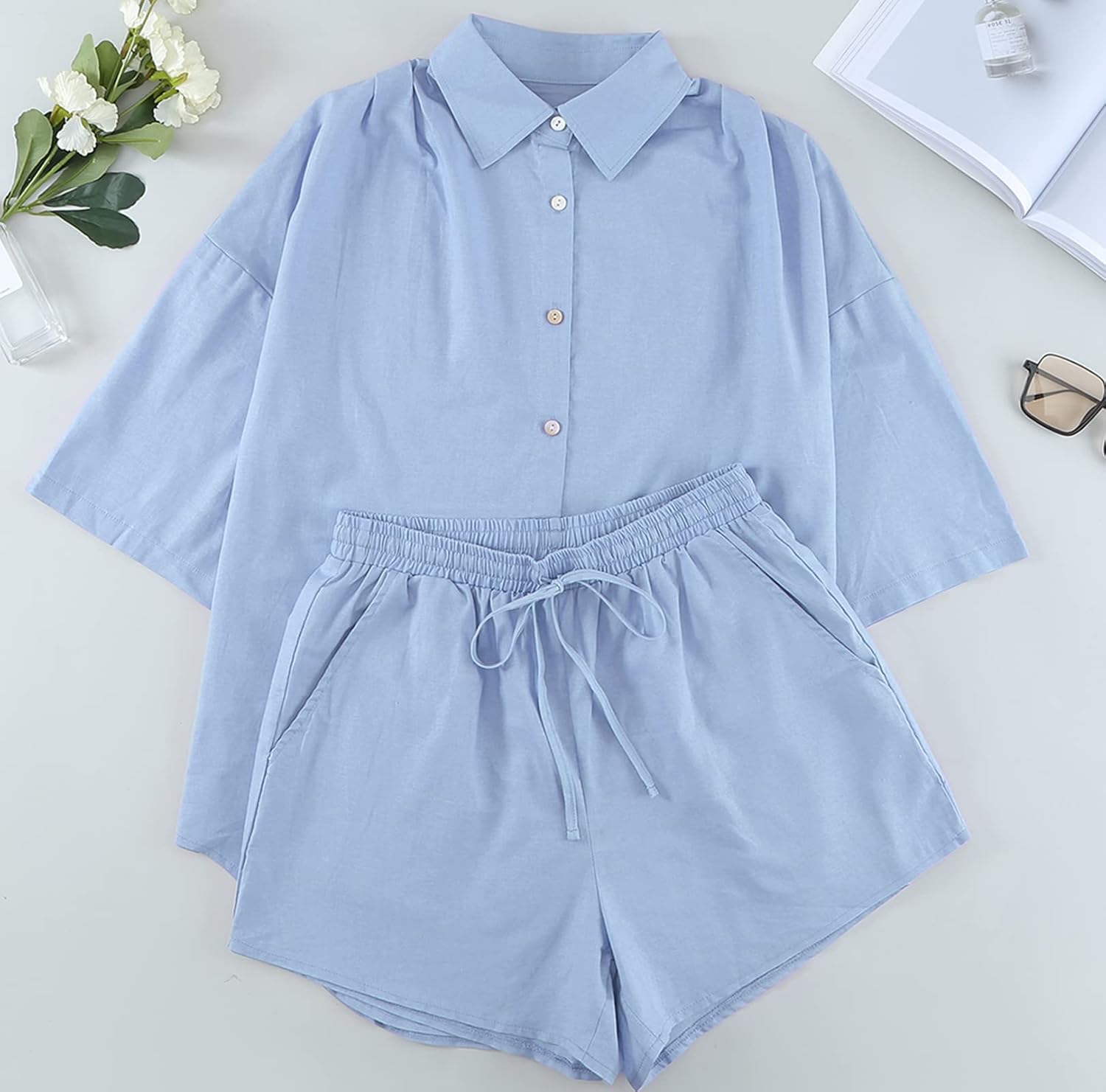 Fixmatti Women 2 Piece Outfits Long Sleeve Button Down Blouse and Shorts Sweatsuit Sets - Image 6