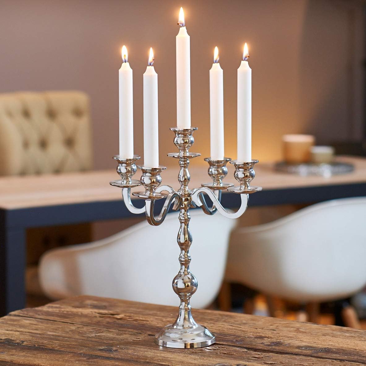 Hamptons Five Arm Silver Candelabra, Hand Crafted of Silver Aluminum Nickel, Over 1 Ft Tall (13.75 Inches) from The Hotel Resort Collection, Centerpiece