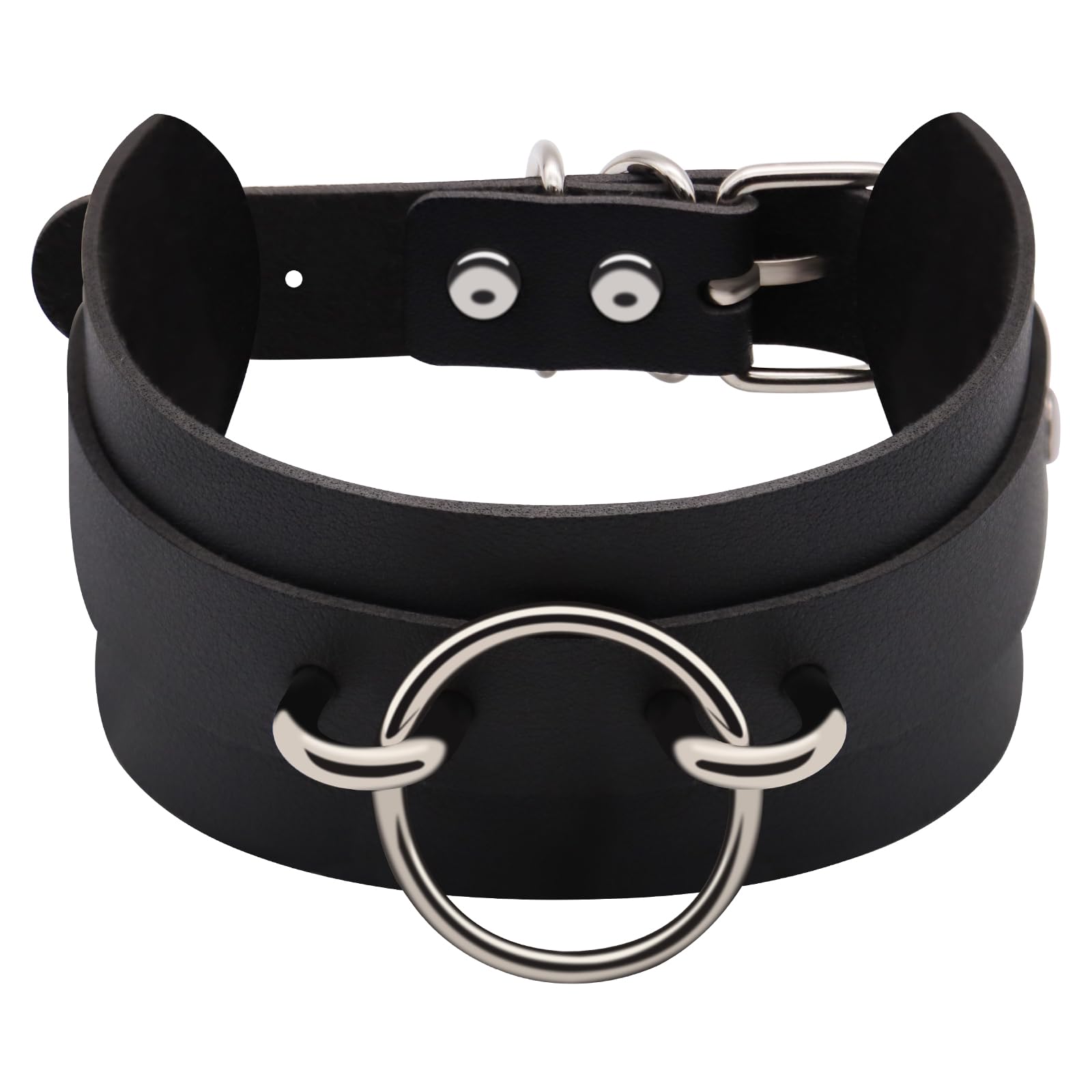 Black Faux Leather Choker Necklace for Women, Adjustable Punk Gothic Collar with O-Ring, Fashion Statement Accessory for Daily Wear & Costumes