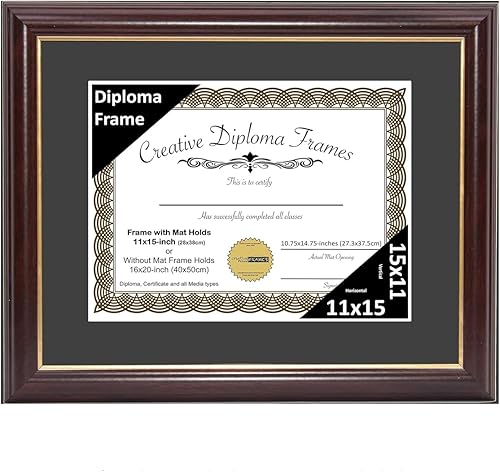 Vista 204 de Creative Picture Frames Marco de diploma de borde dorado caoba de 12 x 16 pulgadas con vidrio negro y colgadores de pared instalados, marco