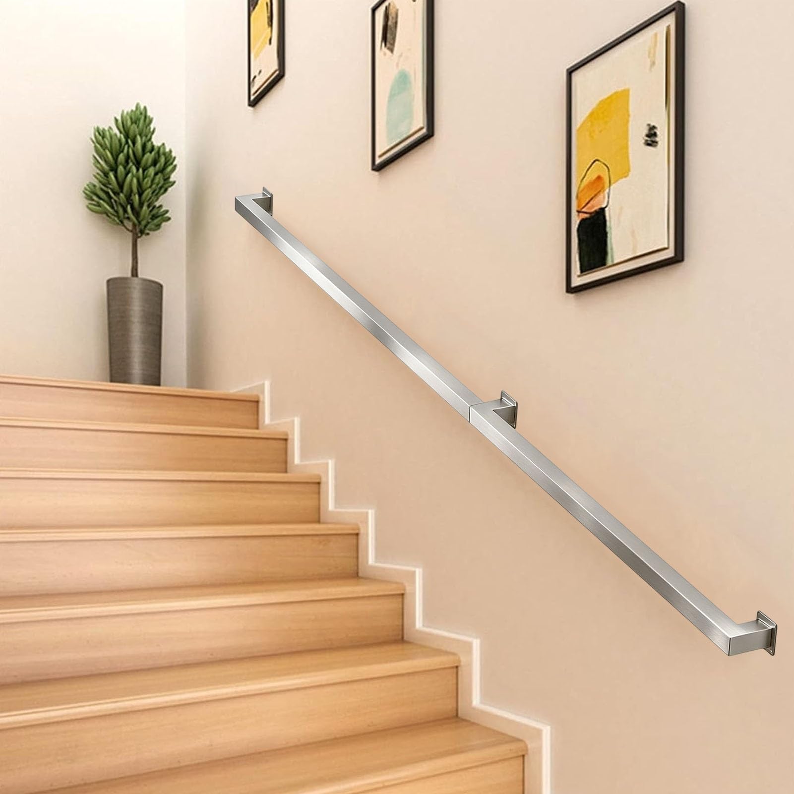 Junvstor Stainless Steel Handrail for Stairs, 60cm 80cm 1m 1.5m 2m 2.5m 3m Wall Mount Staircase Banisters Railing Support Rod, Sqaure Pipe Hand Rail Loft Corridor Grab Bar(2.6ft/80cm)