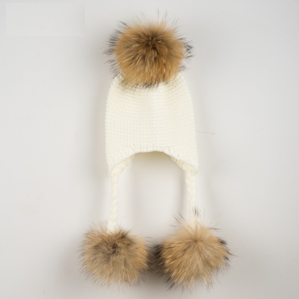 Cappello Bianco Bambino 3 PON PON Pelliccia Vera 1-4 Anni, Cuffia Berretto Bambina Baby Luxury