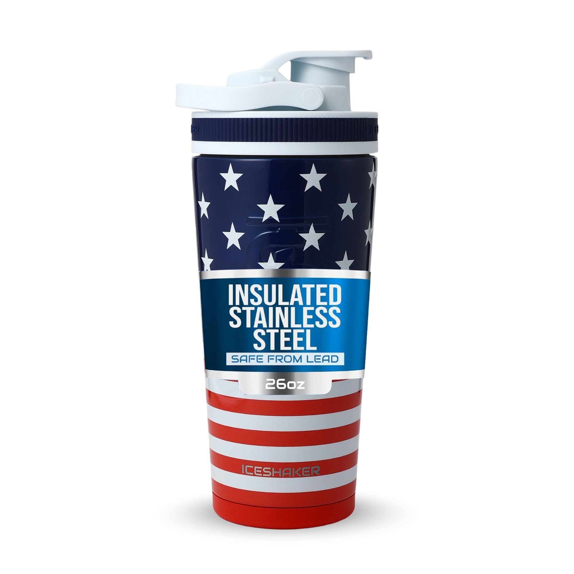 Ice Shaker Stainless Steel Shaker Bottle | 26oz, Stars &amp; Stripes | Cold for 30+ Hours | Insulated Cup with Twist-on Agitator | Odor-Free Bottle for Protein Shakes, Water, Smoothies, Cocktails