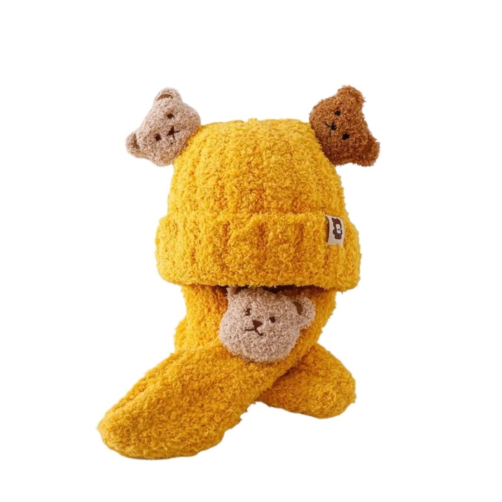 Gorro de Invierno con Dibujos de Oso for bebé, Conjunto de Bufandas cálidas for niños, Gorro de Punto de Felpa, Gorro Grueso con protección for Las Orejas, 2 uds.(Yellow_One Size Fits All)
