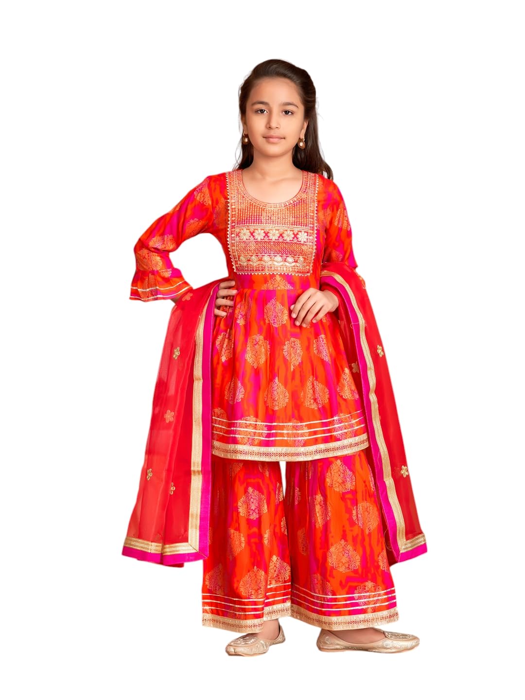 Aarika Girls Ethnic Wear Orange Colour Sequin Thread Embroidery Kurti Sharara Set-(5-15 Years)-(Sh-Tr-K-1077-Orange-34)